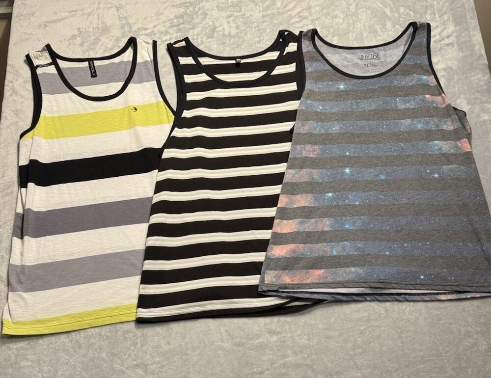 XL Graphic Tank Top Lot Rude Hot Topic Striped White Black Stars Galaxy Yellow